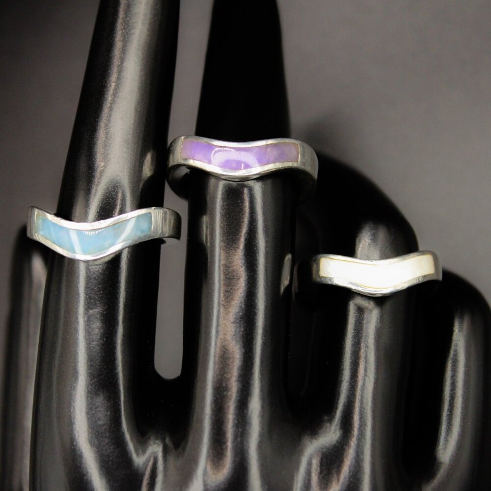 925 Sterling Silver GSI Pastel Mother of Pearl Inlay Stackable 3 Ring Set
